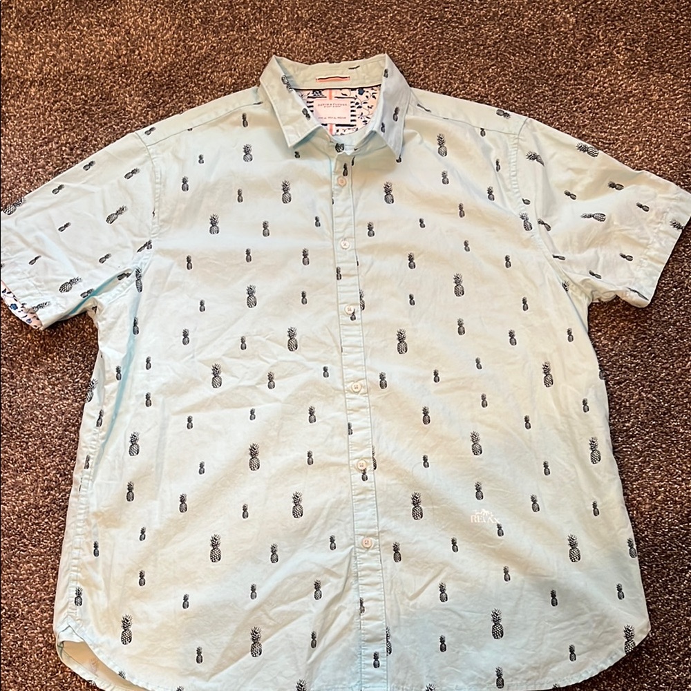 Denim & Flower Blue Casual Button Down Shirt with Playful Pineapple Print Sz XL